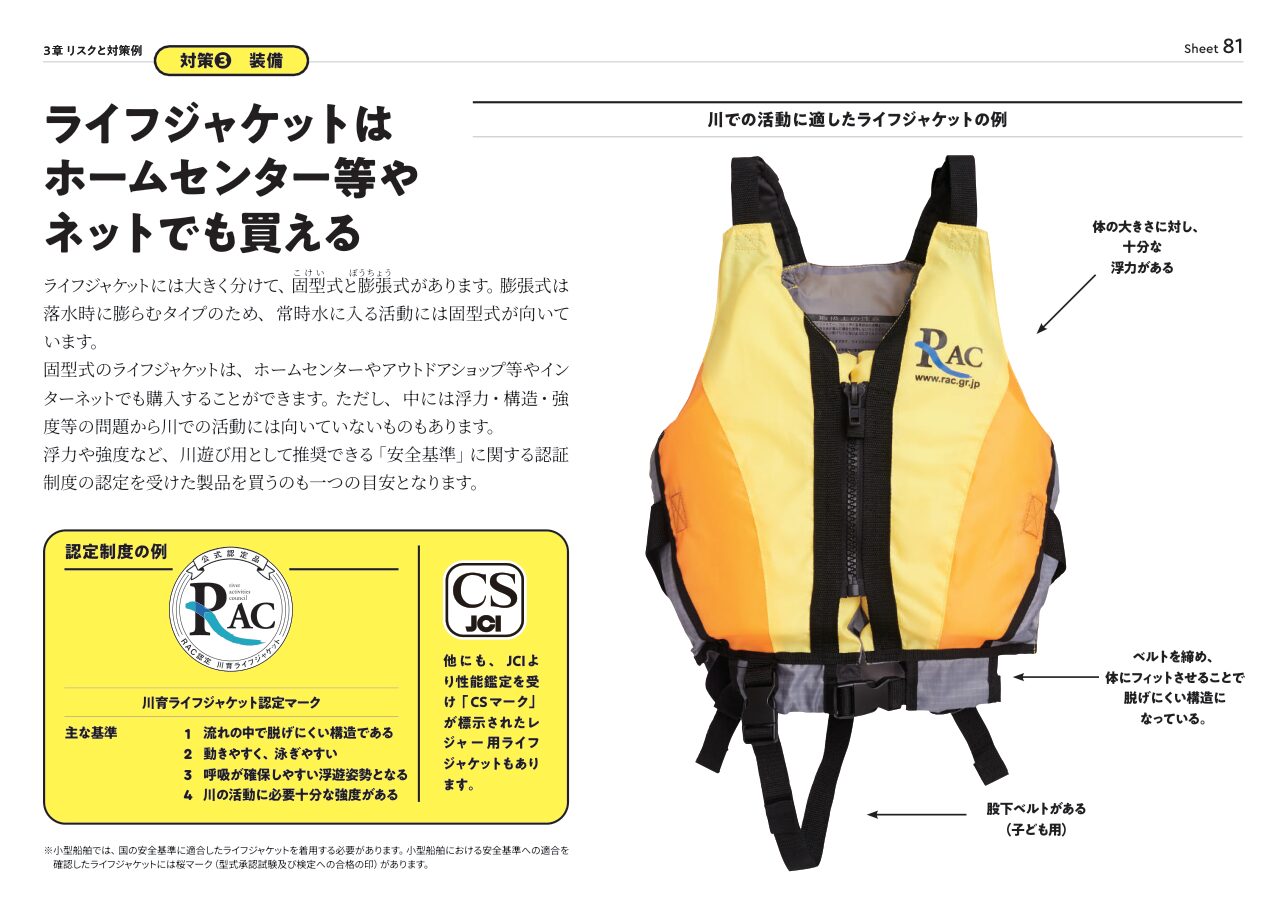 川での活動に適したライフジャケットの例。股下ベルトの位置に注目